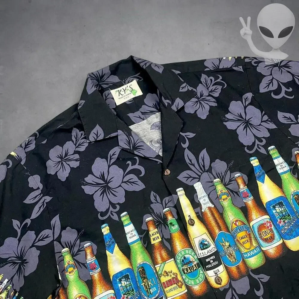 KY'S Hawaiian Shirt Large Black Hibiscus Beer Bottle Border Aloha Print - Picture 2 of 4